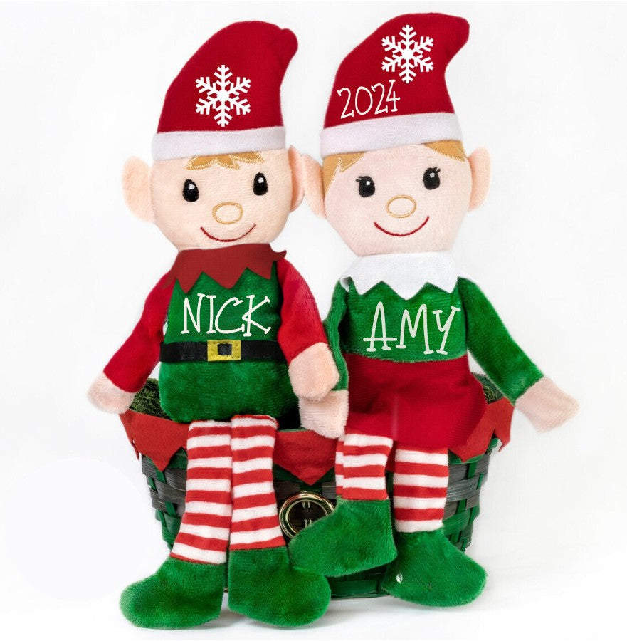 Two elf dolls with personalized names on a white background
