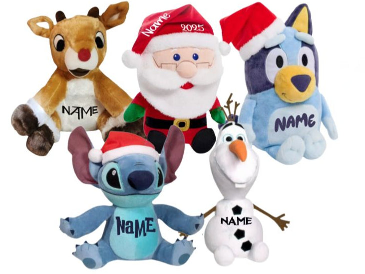 Set of Christmas-themed plush toys including a reindeer, Santa Claus, a blue creature, a snowman, and a character resembling Stitch.