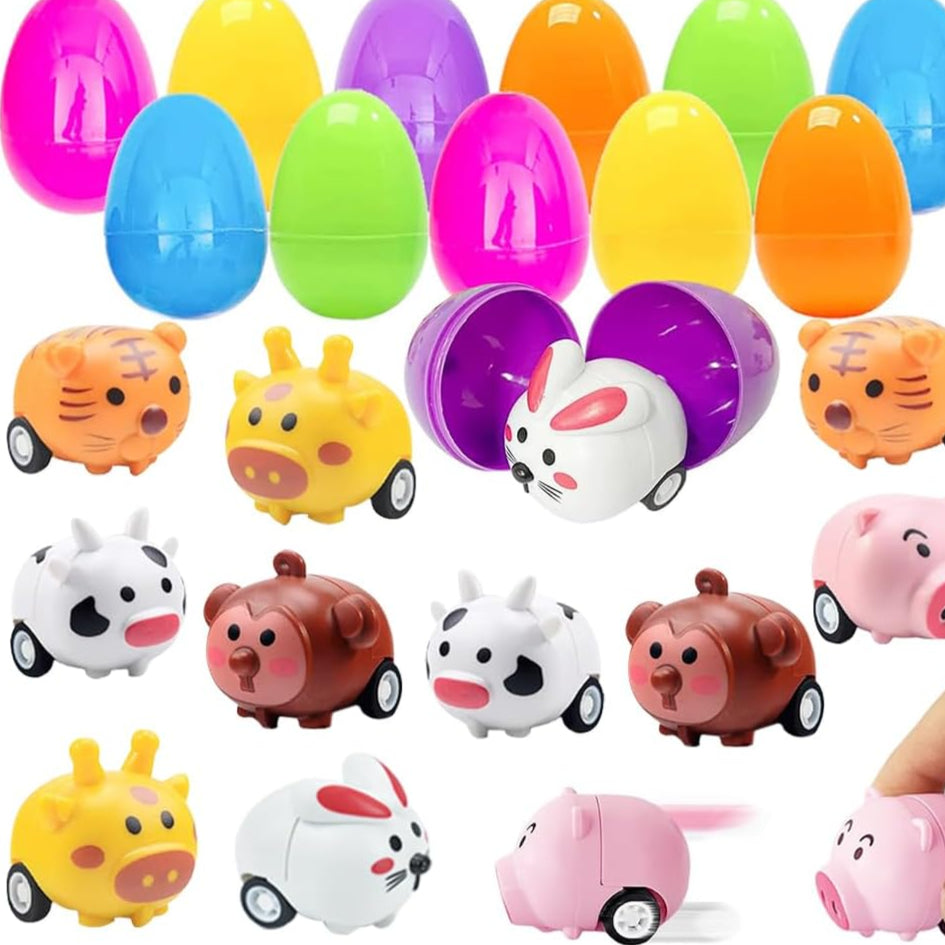 Colorful plastic eggs with animal-shaped toys inside, including pigs, rabbits, and tigers.