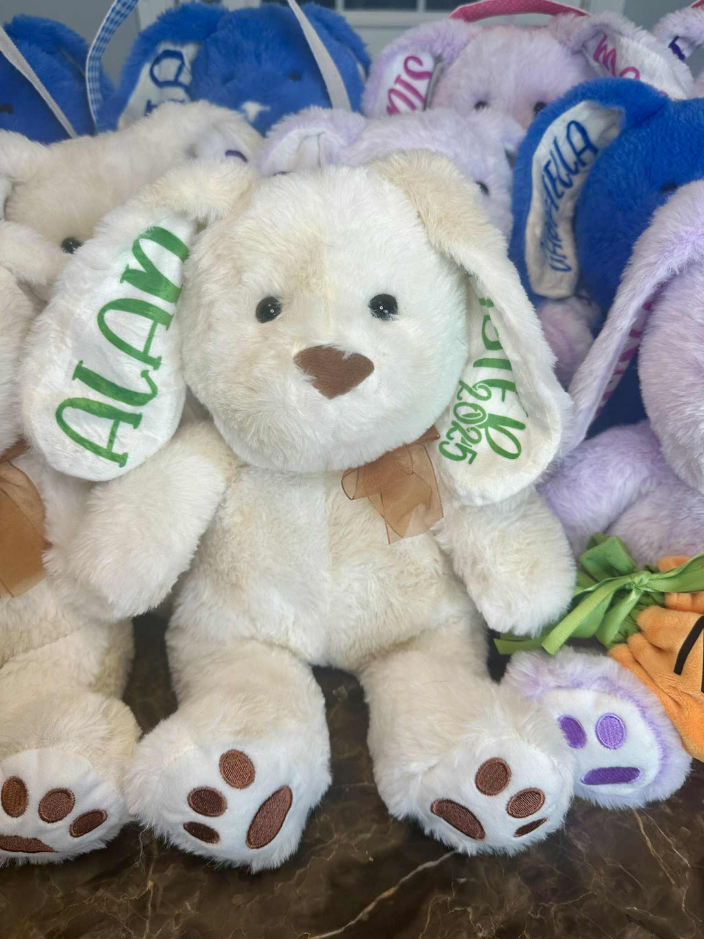 Plush dog toy with 'Alan' on the ear, surrounded by other plush toys.