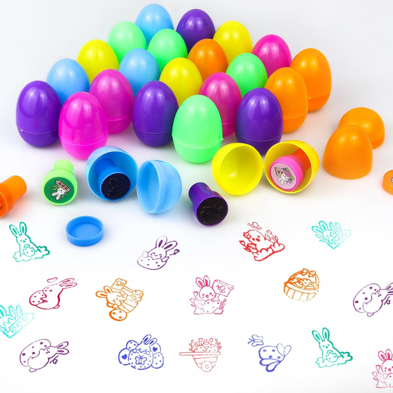 Colorful Easter eggs with stamps on a white background