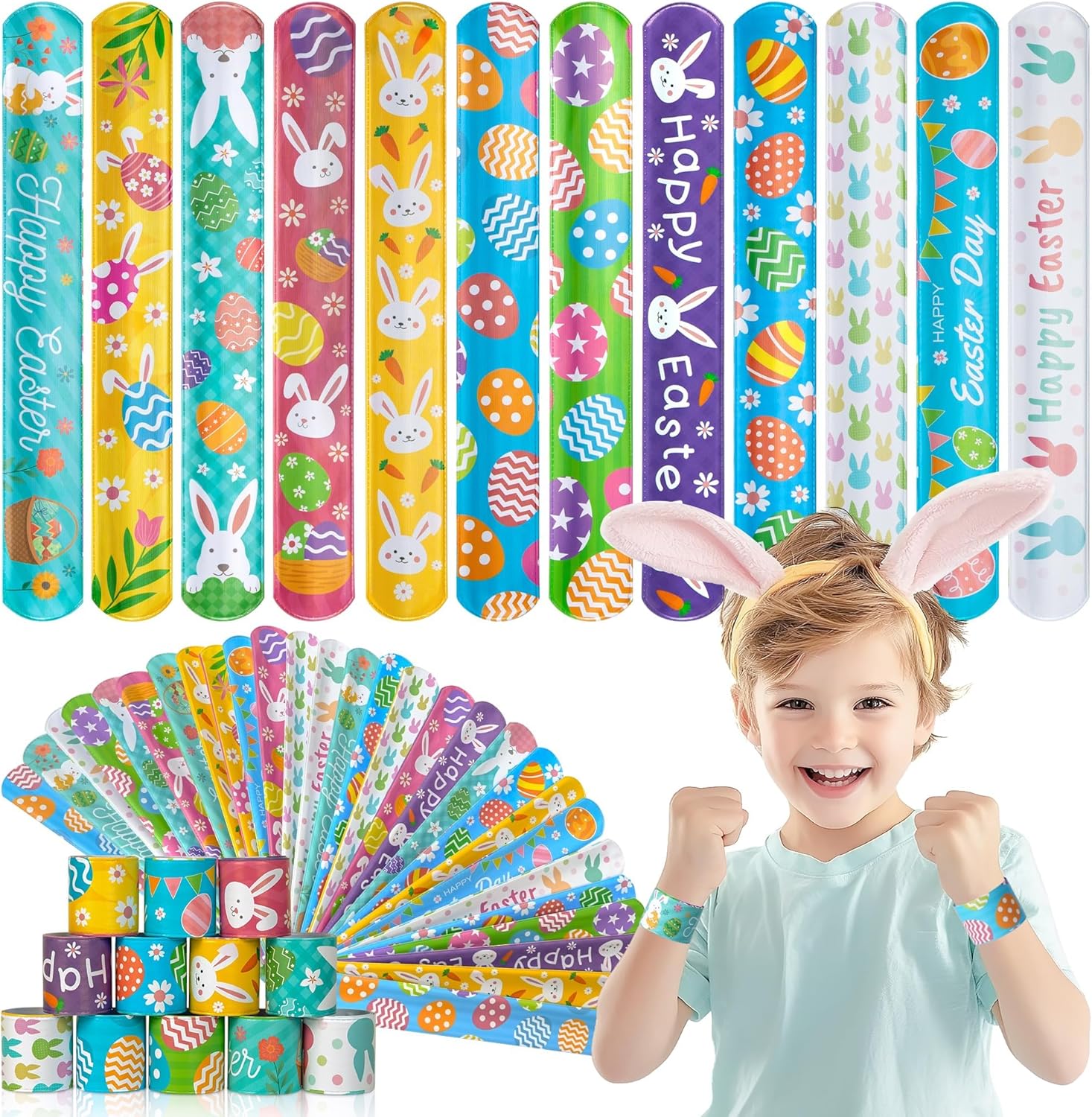 Colorful Easter-themed slapping bands with a child wearing bunny ears and a white shirt.