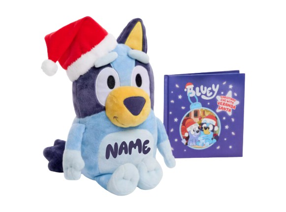 Blue plush toy with a Santa hat and a matching book on a white background