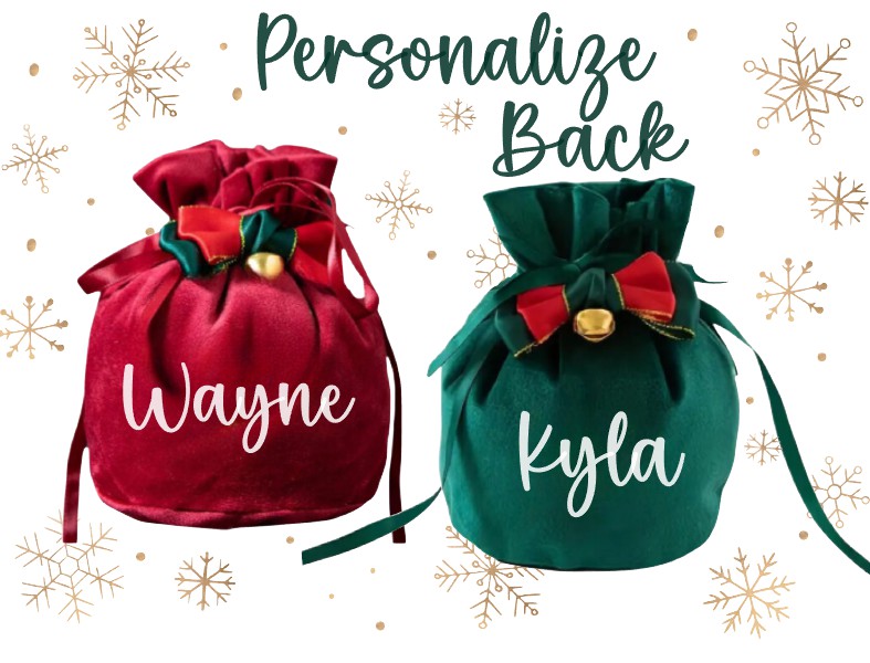 Two velvet drawstring bags, one red and one green, with names 'Wayne' and 'Kyla' respectively, on a white background with gold snowflakes.