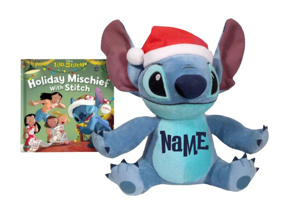 Plush toy resembling a character from a Disney movie with a Santa hat and 'NAME' printed on it, next to a book titled 'Holiday Mischief With Stitch'.