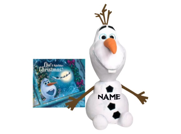 Plush toy resembling a snowman with antlers and a book titled 'Olaf's Night Before Christmas' on a white background