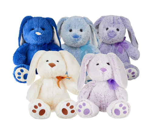 Five colorful plush toys resembling bunnies on a white background customize for kids easter bunny basket stuffers for kids teens any of all ages