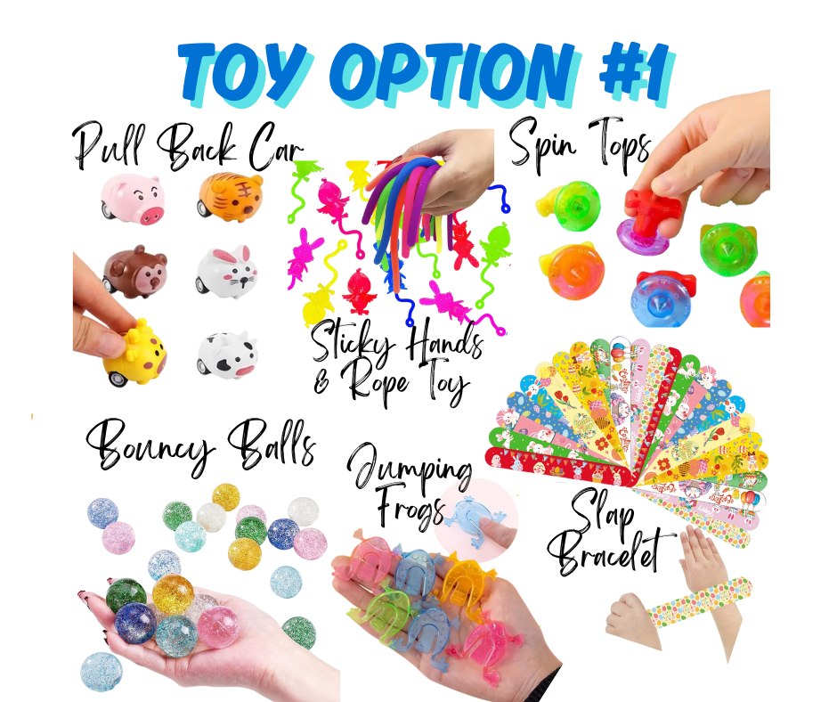 Assorted toys including pull-back cars, spin tops, sticky hands, rope toys, bouncy balls, jumping frogs, and slap bracelets on a white background.