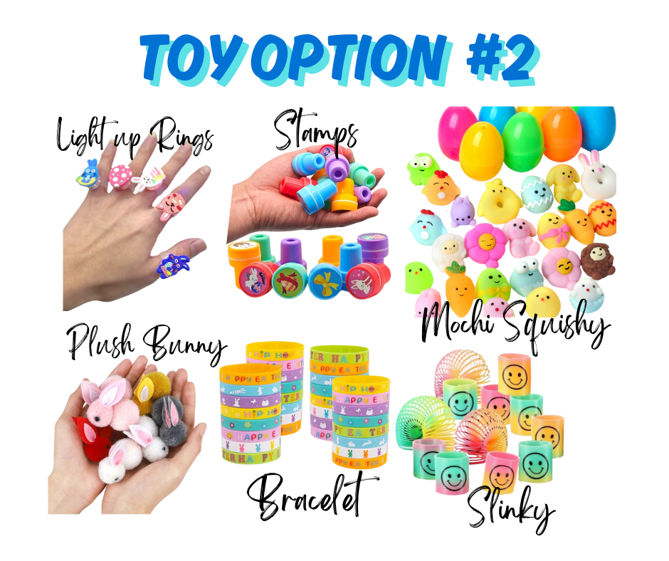 Assorted toys including light-up rings, stamps, plush bunny, bracelet, slinky, and mochi squishy on a white background.