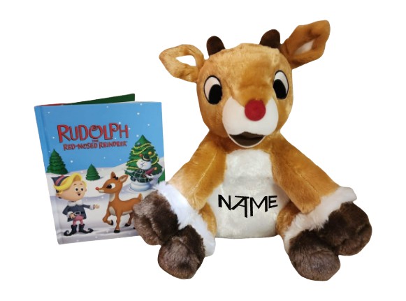 Plush reindeer toy with a book titled 'Rudolph' on a white background