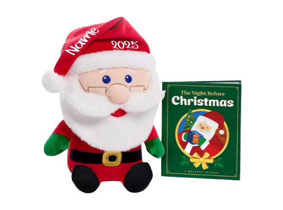Plush Santa Claus toy with a book titled 'The Night Before Christmas' on a white background