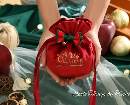 Red 'Merry Christmas' gift bag held by hands with festive decorations in the background.