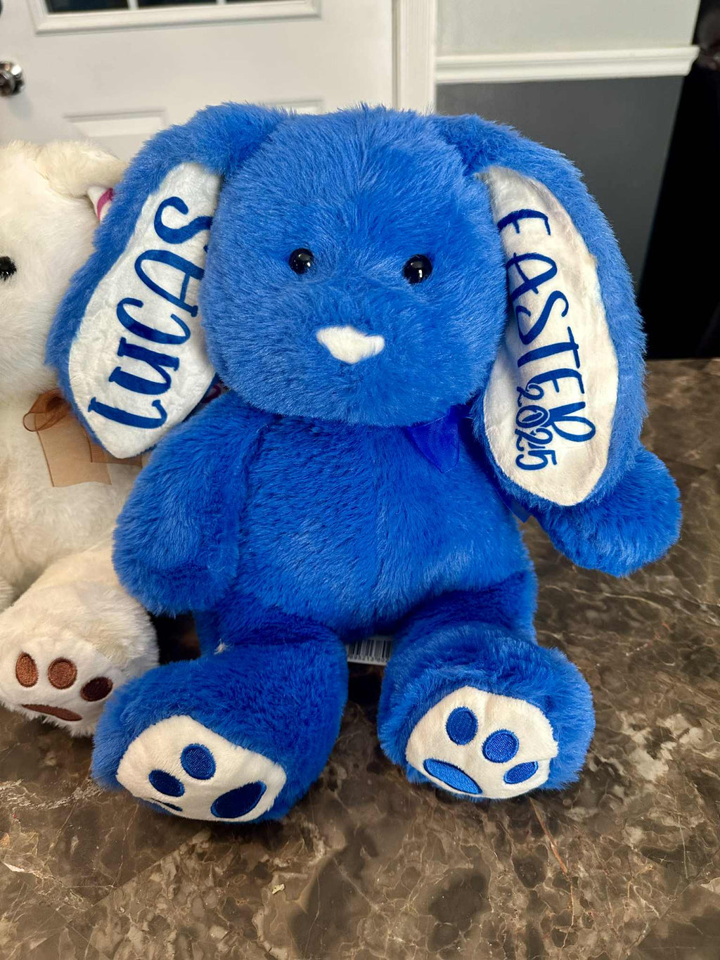 Blue stuffed animal with personalized name tags on a countertop