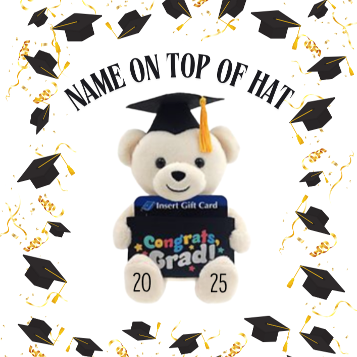 Graduation-themed plush bear with customizable gift card holder surrounded by decorative elements.